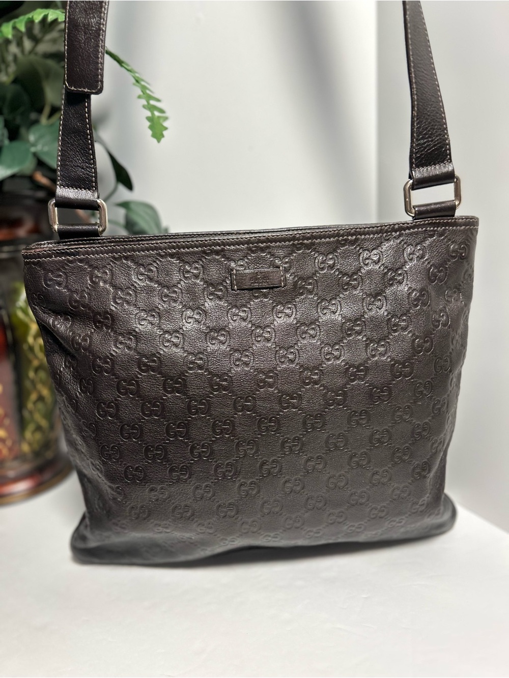 Gucci Guccissima Dark Brown Embossed Leather Crossbody Tote